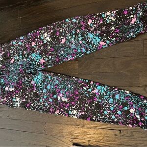 Girls Black Splash-Print Leggings with Pink & Blue Accents